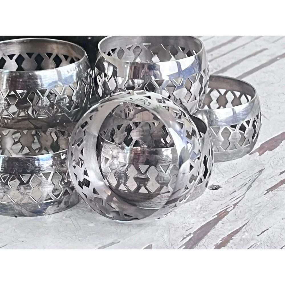 Vintage English Ornate Silver Plated EPNS Napkin Rings Tableware (Set Of 8)
